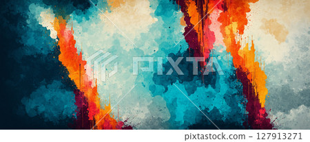 vibrant dripping paint streaks and bold splashes on textured background with teal, orange, and magenta tones 127913271