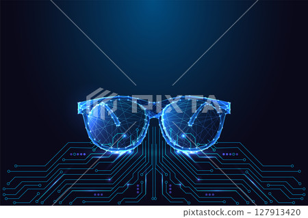 Smart digital glasses glowing above circuit board, augmented reality and wearable tech vector Smart digital glasses glowing above circuit board, augmented reality and wearable tech vector 127913420