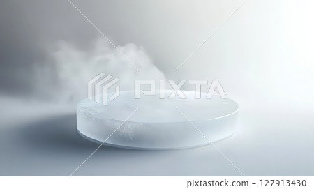 frosty circular ice podium is displayed in minimalistic setting with soft misty effect, creating cool and serene atmosphere. smooth surface and icy texture enhance visual appeal. 127913430