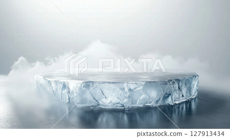 sleek ice podium is displayed in misty environment, showcasing frosty and ethereal atmosphere. icy surface reflects light, creating serene and captivating visual. 127913434