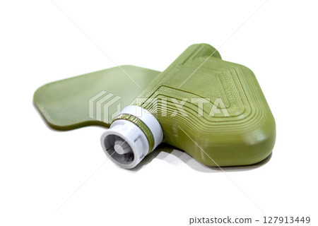 Mina Petal printed on 3D printer isolated on white background. Anti-personnel explosive mine created on 3D printer from molten plastic. Prototype of ammunition printed on 3D printer. Innovation modern 127913449