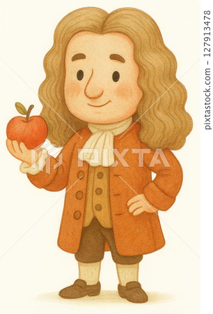 charming cartoon depiction of Sir Isaac Newton holding apple, symbolizing his discovery of gravity. character is dressed historical attire with warm expression, evoking curiosity and inspiration. 127913478