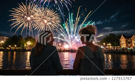 Romantic Lesbian Couple Watching Fireworks Over Waterfront at Night. LGBTQ Love, Pride Celebration, and Festive City Lights on Independence Day Romantic Lesbian Couple Watching Fireworks Over Waterfront at Night. LGBTQ Love, Pride Celebration, and Festive City Lights on Independence Day 127913767