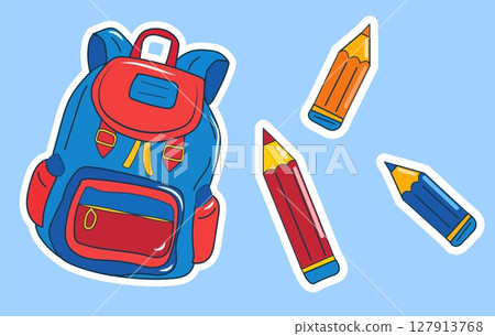 Brightly colored school backpack sits against a blue background, accompanied by cheerful stickers and colorful pencils. This playful illustration captures the essence of learning and creativity Brightly colored school backpack sits against a blue background, accompanied by cheerful stickers and colorful pencils. This playful illustration captures the essence of learning and creativity 127913768