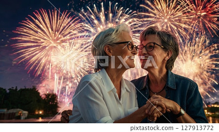 Romantic Lesbian Couple Watching Fireworks Over Waterfront at Night. LGBTQ Love, Pride Celebration, and Festive City Lights on Independence Day 127913772