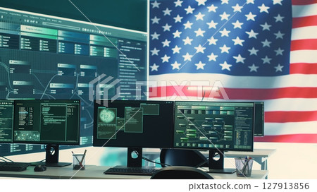 Empty cyber environment featuring the American flag on a big screen. Emphasizing cyber operations, digital safety and advanced technology for information security and cyber defense. Camera A. Empty cyber environment featuring the American flag on a big screen. Emphasizing cyber operations, digital safety and advanced technology for information security and cyber defense. Camera A. 127913856