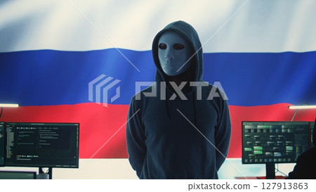 Russian expert working in high tech cyber operations center to collect information through malicious hacking attack. Russian federation spreading fake news and cyberwarfare propaganda. Camera B. 127913863