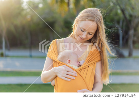Mother holding her little baby in a yellow sling in the park. Warm and loving family moment. Babywearing, parenting, and mother-child bonding concept Mother holding her little baby in a yellow sling in the park. Warm and loving family moment. Babywearing, parenting, and mother-child bonding concept 127914184