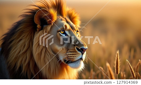 Close-up Portrait of a Male Lion with Amber Eyes in Golden Hour Light 127914369