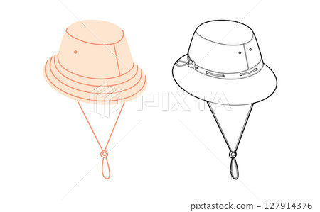 Luxury Bucket Hat with Cord Stopper. Summer Head Fashion accessory cap clothing technical illustration. 127914376