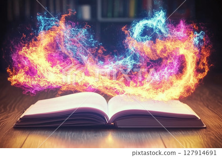 Creative White Notebook on Wood Table with Fire and Colorful Smoke Background for Inspiration 127914691