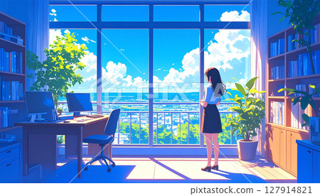 一位 20 多歲的日本辦公室女士在辦公室休息，欣賞夏季積雨雲的景色。商業 127914821