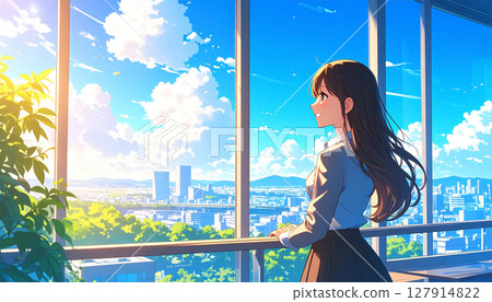 一位 20 多歲的日本辦公室女士在辦公室休息，欣賞夏季積雨雲的景色。商業 127914822