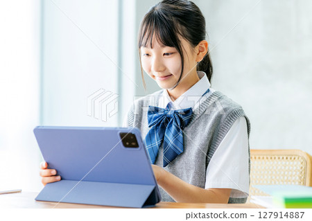 Schoolgirl taking an online class 127914887