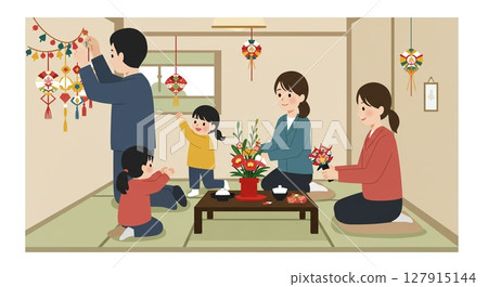 The family prepares for the party by decorating. 127915144