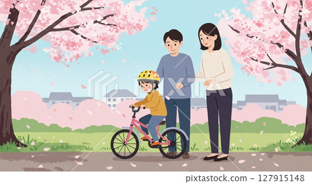 藍天白雲下，父母與孩子練習騎腳踏車，成長的瞬間 127915148