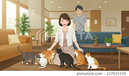 一位女士在飯店大廳與一隻貓互動，這是她旅途中令人舒緩的時刻 127915150