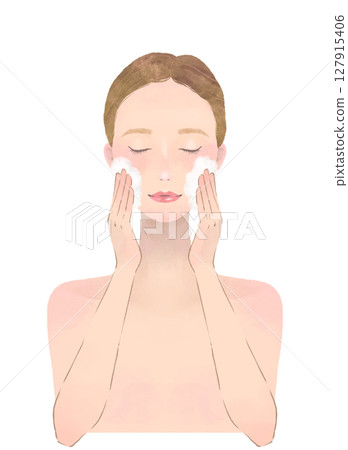 一位女士閉著眼睛用泡沫洗臉的美容圖像插圖 一位女士閉著眼睛用泡沫洗臉的美容圖像插圖 127915406
