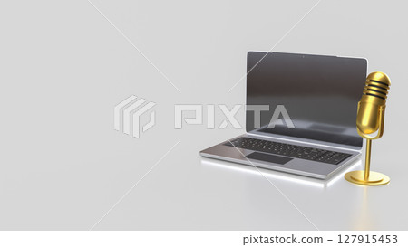 The Laptop and microphone for Pod cast or social media 3d render. The Laptop and microphone for Pod cast or social media 3d render. 127915453
