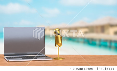 The Laptop and microphone for Pod cast or social media 3d render. The Laptop and microphone for Pod cast or social media 3d render. 127915454