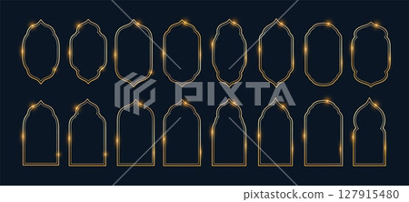Set of flowing golden outline frames or arched windows in Islamic style on dark background. Set of flowing golden outline frames or arched windows in Islamic style on dark background. 127915480