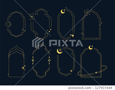Set of vector frames in oriental style with golden lines, crescents and decorative elements. 127915484