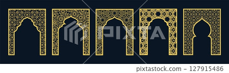 Golden Islamic arch gate Arabic beautiful arabesque pattern oriental style, traditional Ramadan door frame vector set 127915486