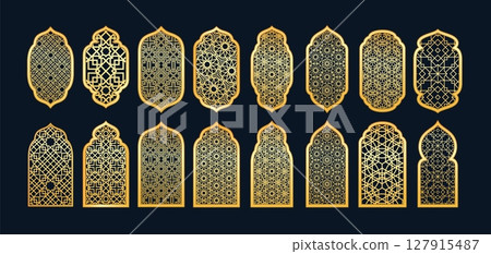 Golden traditional Islamic Ramadan arch shape, window or gate with Arabic arabesque pattern in oriental style vector set 127915487