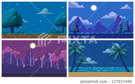 Pixel art 8 bit arcade video game background vector set, cityscape, palm beach and nature landscape summer night scenes 127915490