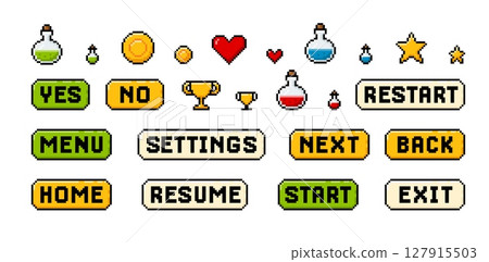 UI UX 8 bit game user software interface pixel vector icons set, block push buttons, heart, champion cup and vial shape 127915503