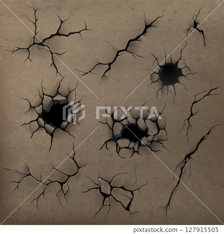 Concrete textured brown wall with a set of different cracks and holes. 127915505