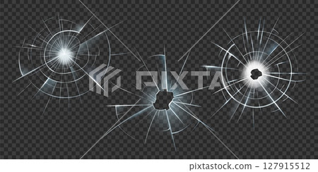 Broken glass shatter hole vector set, realistic transparent screen cracked overlay effect, window splits, bullet fissure 127915512