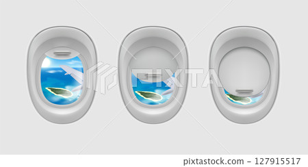 Airplane windows view of the airplane wing and the island, fuselage porthole with open glass inside view, illuminator 127915517