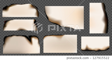 Paper burnt realistic vector set, charred paper edge, side or parchment sheet with black ash, smoldering page scraps Paper burnt realistic vector set, charred paper edge, side or parchment sheet with black ash, smoldering page scraps 127915522