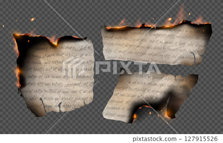 Paper letter burning realistic vector set, flaming torn page scrap with notes text or document sheet with fire and ash 127915526