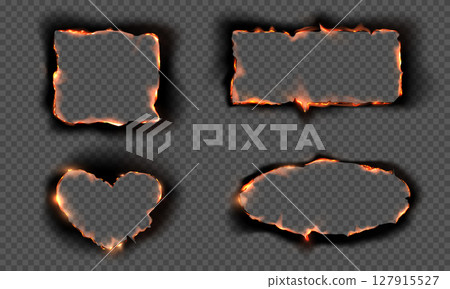 Paper burning heart and rectangle hole frame, vector realistic flaming paper with fire and ash on transparent background 127915527