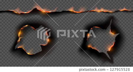 Paper burn holes and line frame vector set, overlay ablaze paper round border with fire and ash, transparent background 127915528