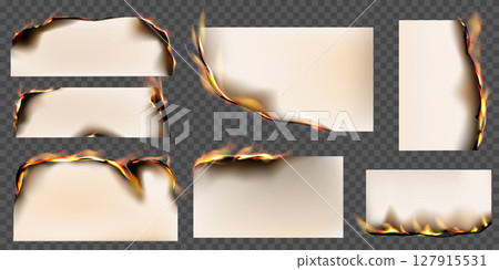 Paper burn vector realistic illustrations set, ablaze parchment sheet side with fire and black ash, flaming page scraps 127915531