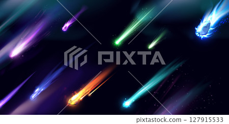 Falling asteroid or comet different colors with fire trail, realistic vector flying burn meteorite on the Aurora Polaris 127915533