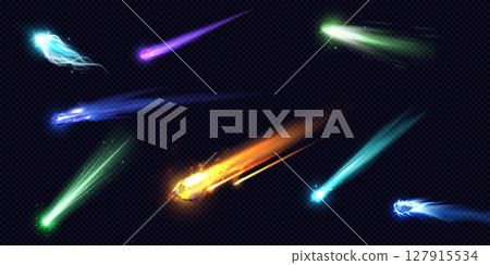 Falling asteroid comet different colors with fire trail, high speed flying burn meteorite in space realistic vector set 127915534