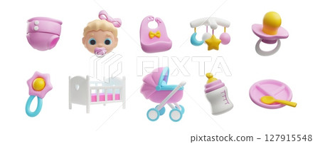 Set of baby girl things 3D vector collection, cute infant face, buggy, bed, diaper, pacifier, toys and feeding utensil 127915548