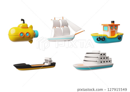 Water transportation collection 3D plastic style vector set, cruise liner, yacht, cargo ferry, fishing boat, sail ship 127915549