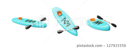 Canoe, tourist boat with paddle, seat 3D vector set, kayak with oar for active sport on water, rafting sports equipment 127915550