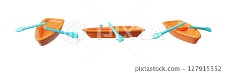 3d set of orange wooden boats with oars from different sides. 127915552