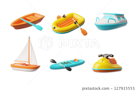 Water transportation boat types 3D cartoon vector set, fishing rowboat, motorboat, inflatable boat, sailboat and scooter 127915553