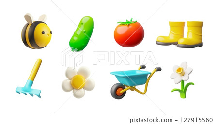 3D vector icon set of gardening, rake, wheelbarrow, bee, cucumber, tomato, flower, rubber boots. 127915560