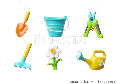 3D Gardening Tool Set. Bucket, Shovel, Watering Can, Pruning Shears, Rake and Flower Illustration. 127915565