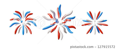 Sparkler, firework explosion 3D vector set, American Independence day festive symbol, red, blue and white colors salute Sparkler, firework explosion 3D vector set, American Independence day festive symbol, red, blue and white colors salute 127915572