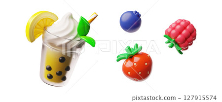 Bubble tea with tapioca pearls, lemon and berries, milkshake cocktail 3D cartoon vector icons set, Boba Asian pearl tea 127915574