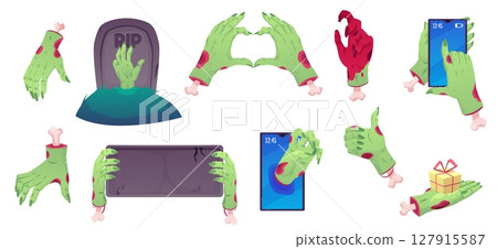 Vector set of green zombie hands in various positions, gestures, with phone, gift, board. Vector set of green zombie hands in various positions, gestures, with phone, gift, board. 127915587